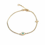 Evil Eye Chain Bracelet with Cross - 14K Gold and Enamel