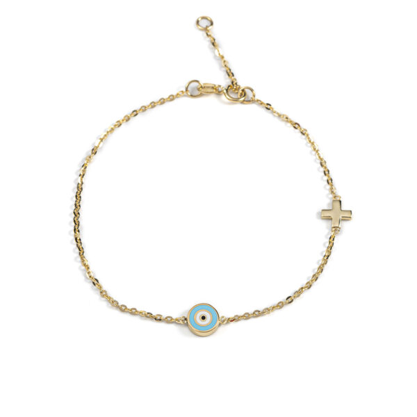 Evil Eye Chain Bracelet with Cross - 14K Gold and Enamel