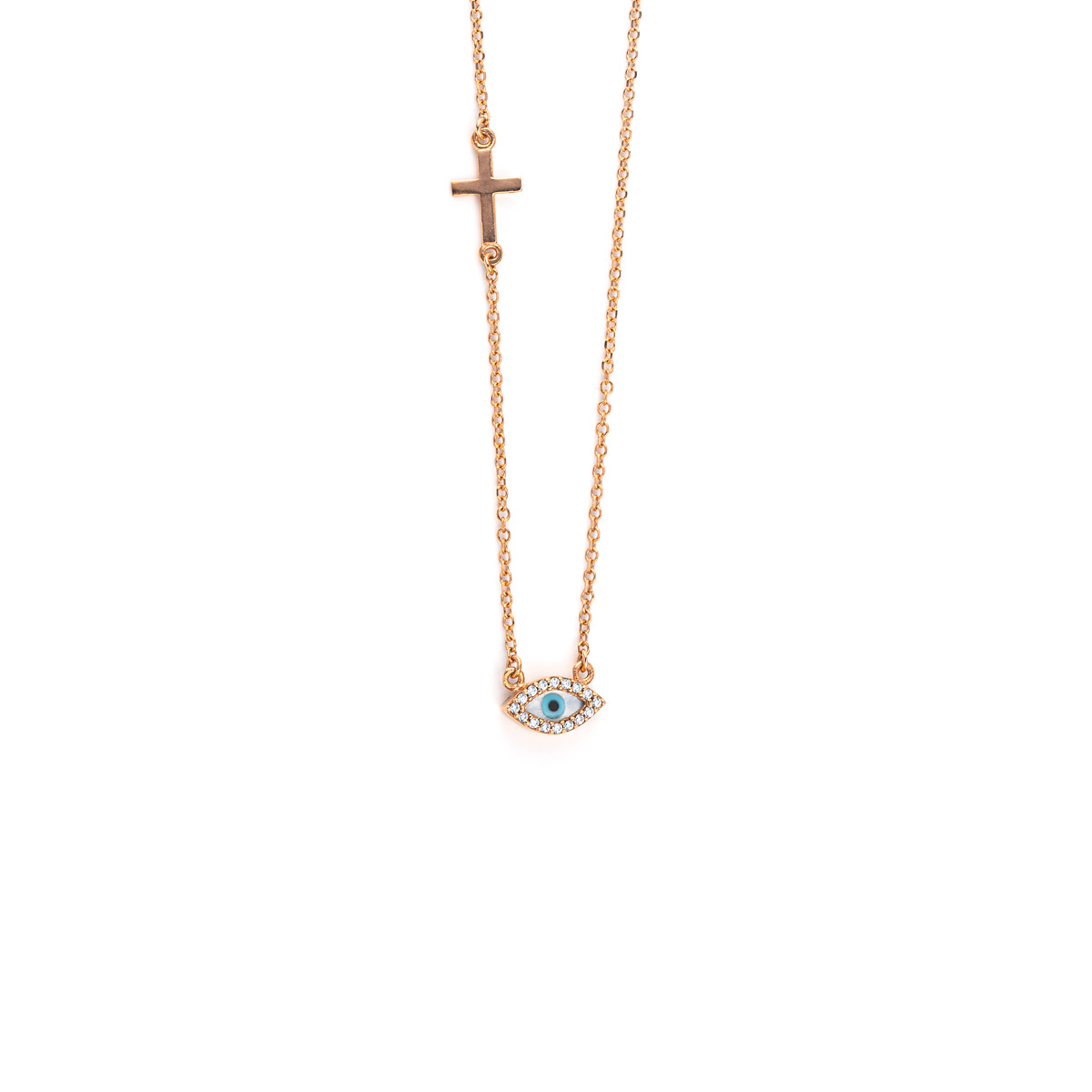 Evil Eye Necklace with Cross 9K Rose Gold