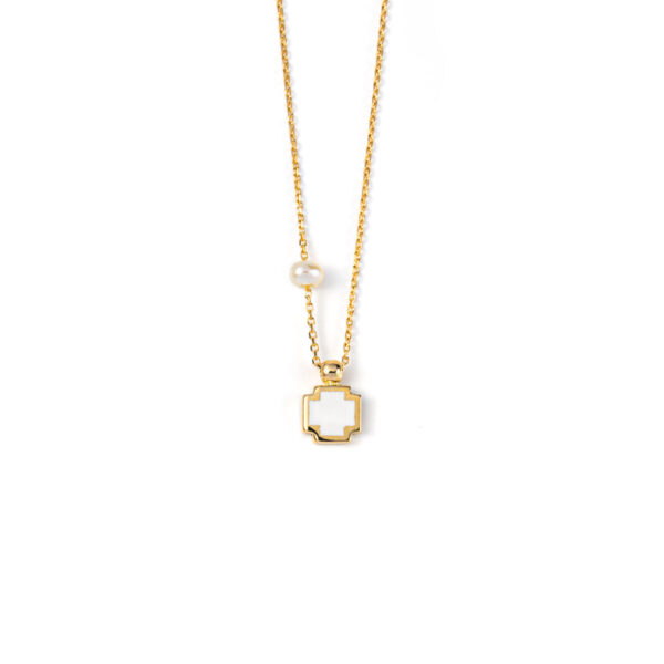 Cross Pearl Necklace - 14K Gold with Enamel