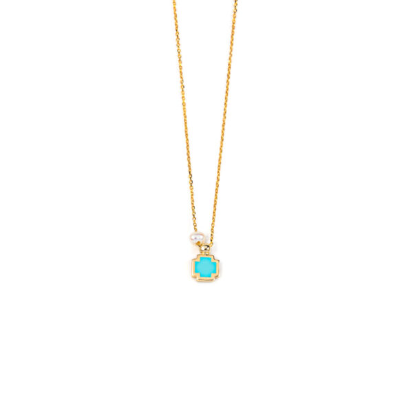 Cross Pearl Necklace - 14K Gold and Turquoise Enamel