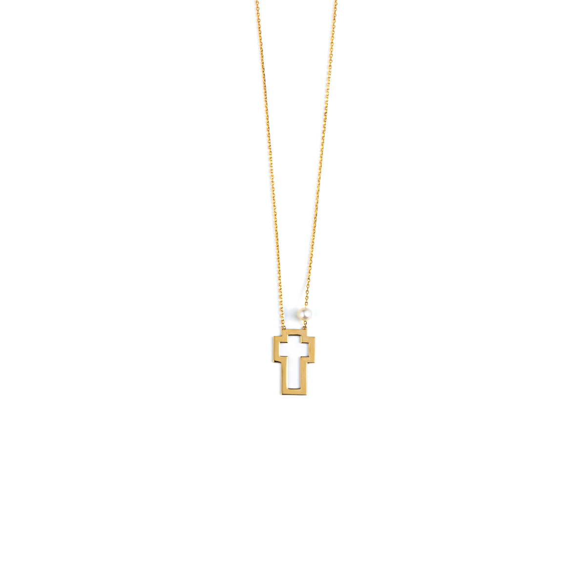 Open Cross Necklace with Pearl - 14K Gold