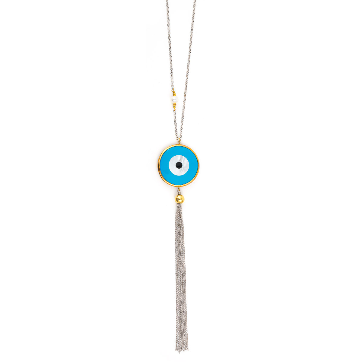 Mother of Pearl Eye Long Necklace - Silver and Gold Plated
