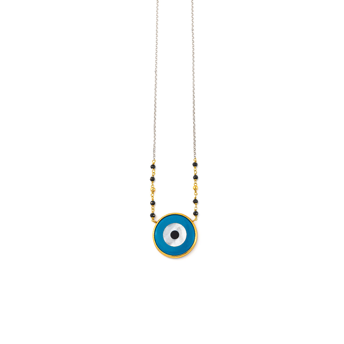 Chain Necklace with Beads and a Blue Eye - 925 Sterling Silver
