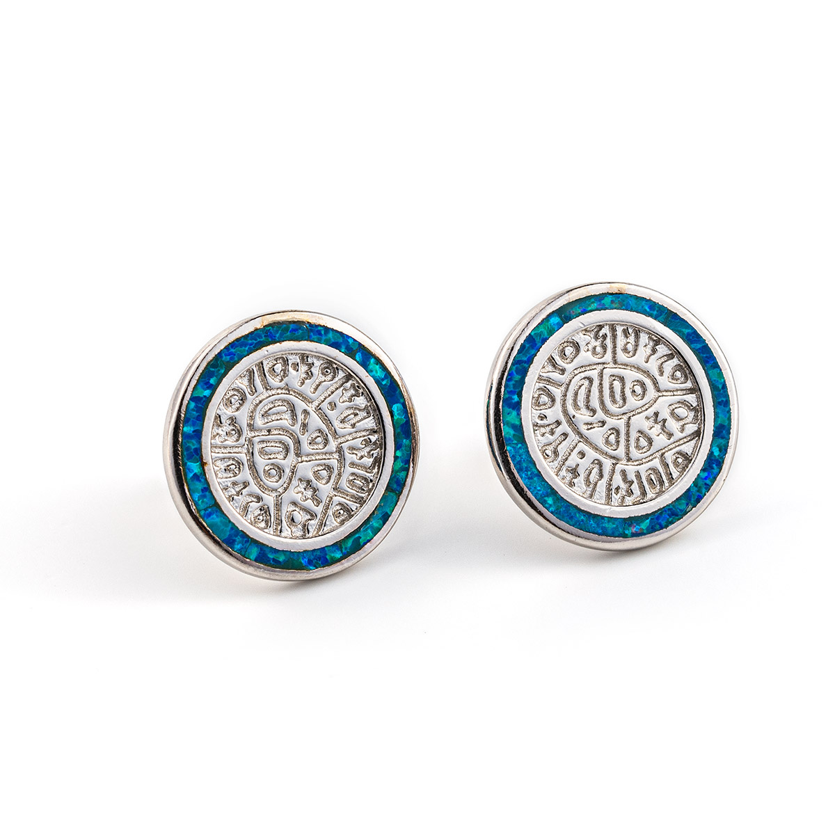 Phaistos Disc Stud Earrings - 925 Sterling Silver with Opal