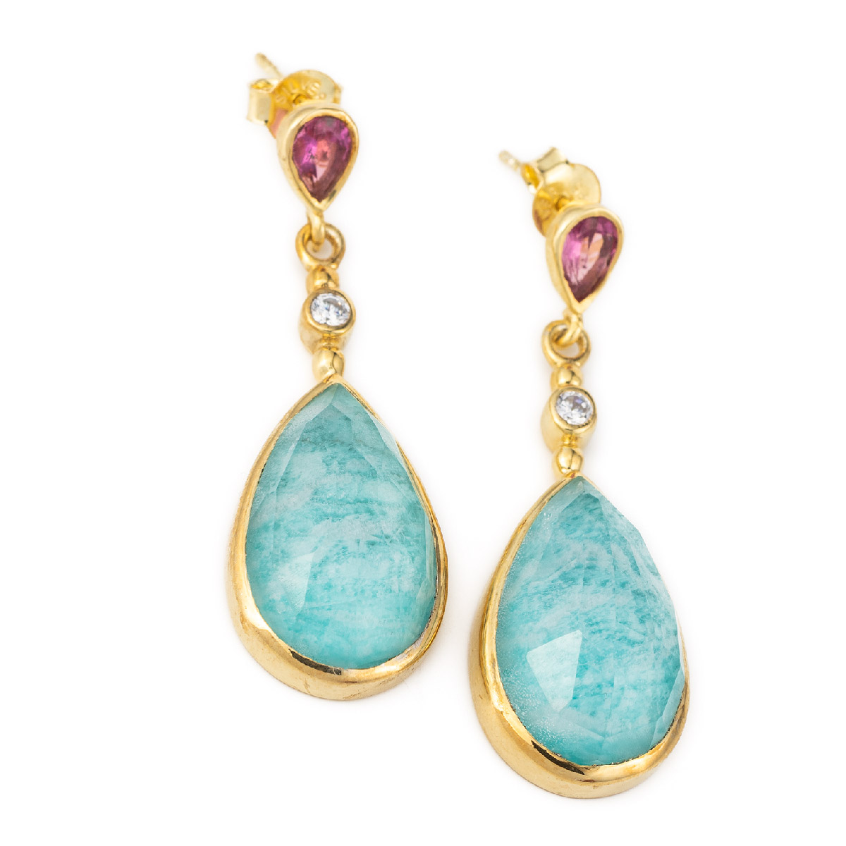 Amazonite and Ruby Doublet Earrings - Sterling Silver and Gold Plated