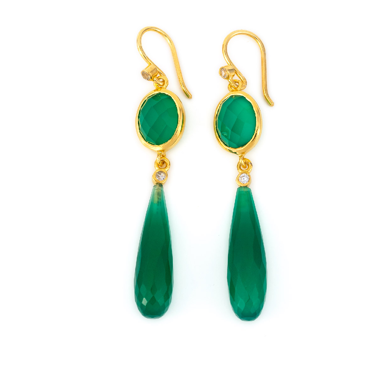 Green Chalcedony Dangle Earrings - Sterling Silver and Gold Plated
