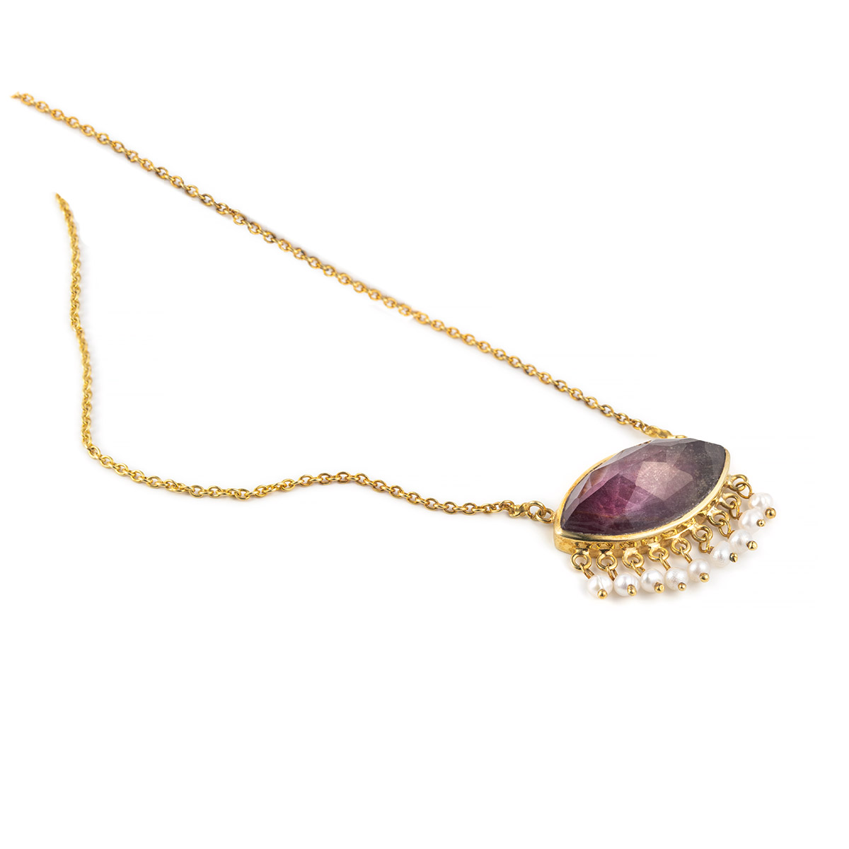 Doublet Ruby Eye Necklace with Pearls - Sterling Silver and Gold Plated