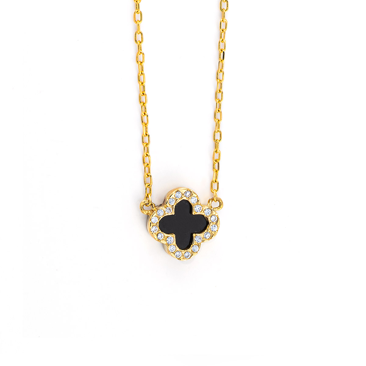 9K Gold Black Onyx Clover Necklace with Zircons