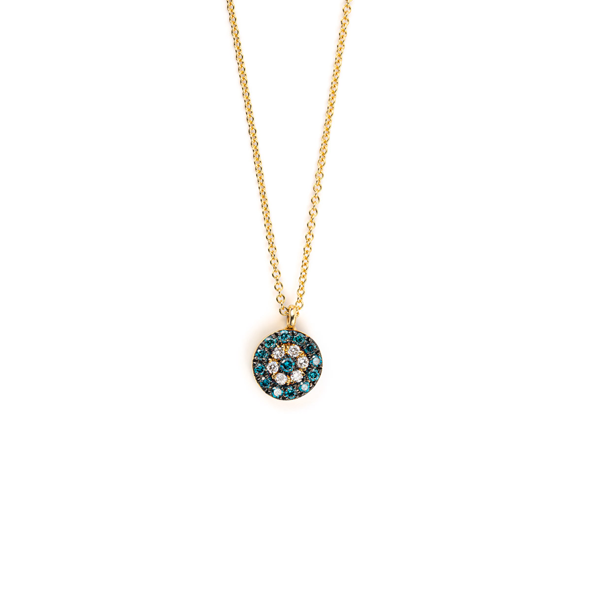 18K Gold Eye Necklace with blue and white diamonds