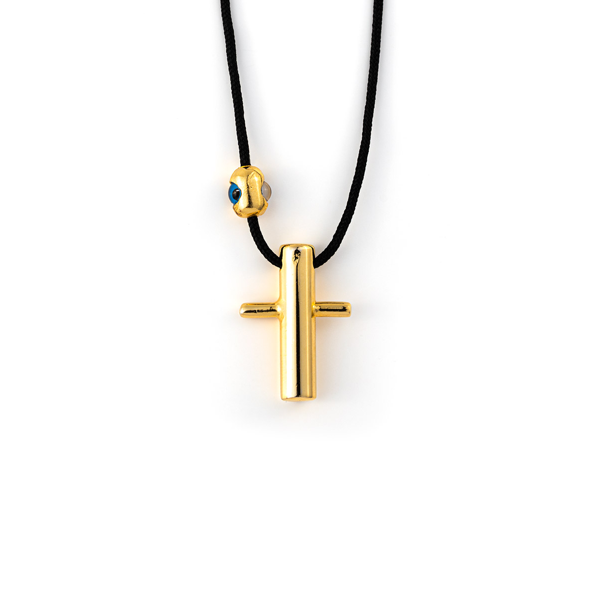 Black Cord Necklace - Sterling Silver Gold Plated Cross Evil Eye