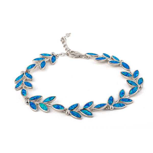 Olive Leaf Link Bracelet - 925 Sterling Silver with Blue Opal