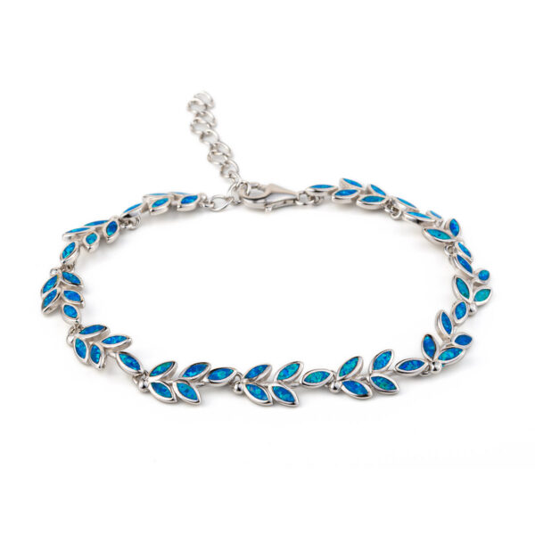 Olive Leaf Link Bracelet - 925 Sterling Silver with Blue Opal