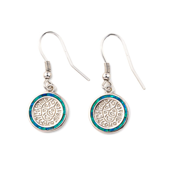 Phaistos Disc Dangle Earrings - 925 Sterling Silver with Opal