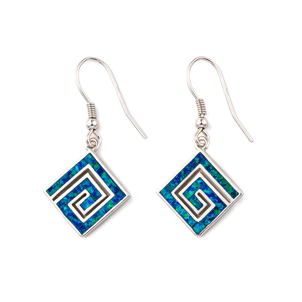 Greek Key Blue Opal Dangle Earrings