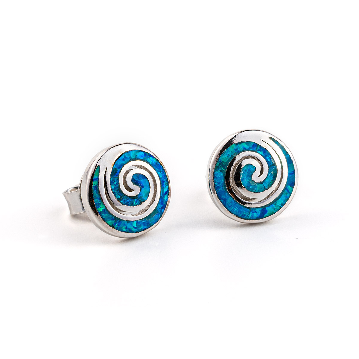 Spiral Stud Earrings - Sterling Silver with Opal