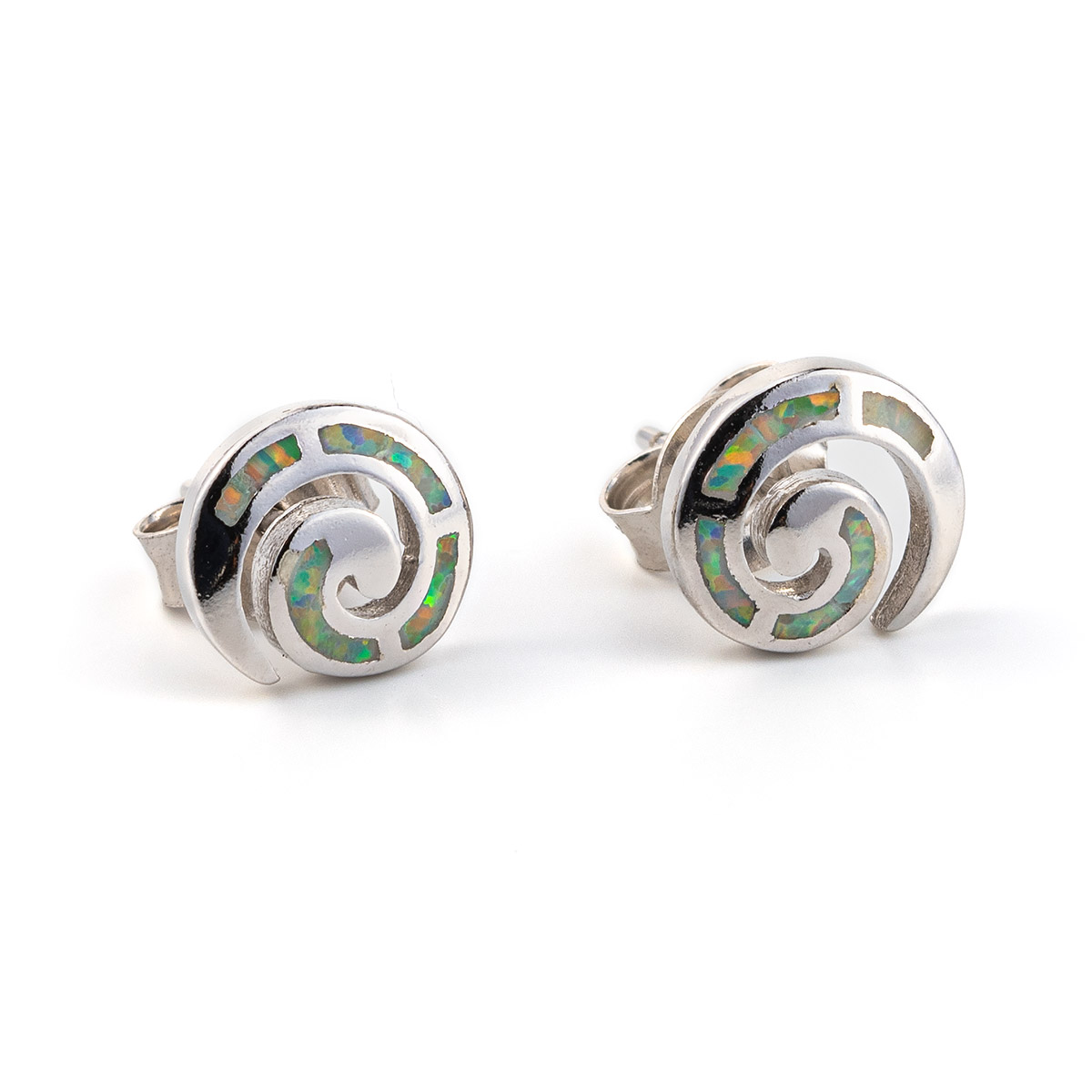 White Opal Silver Spiral Stud Earrings