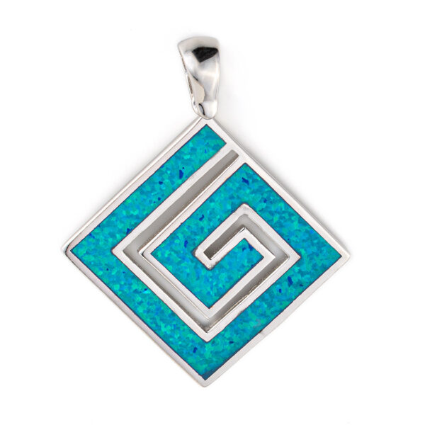 Greek Key Pendant - Sterling Silver with Blue Opal