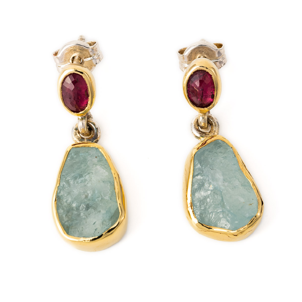 Aqua Marine Dangle Earrings with Ruby - 18K Gold and Sterling Silver