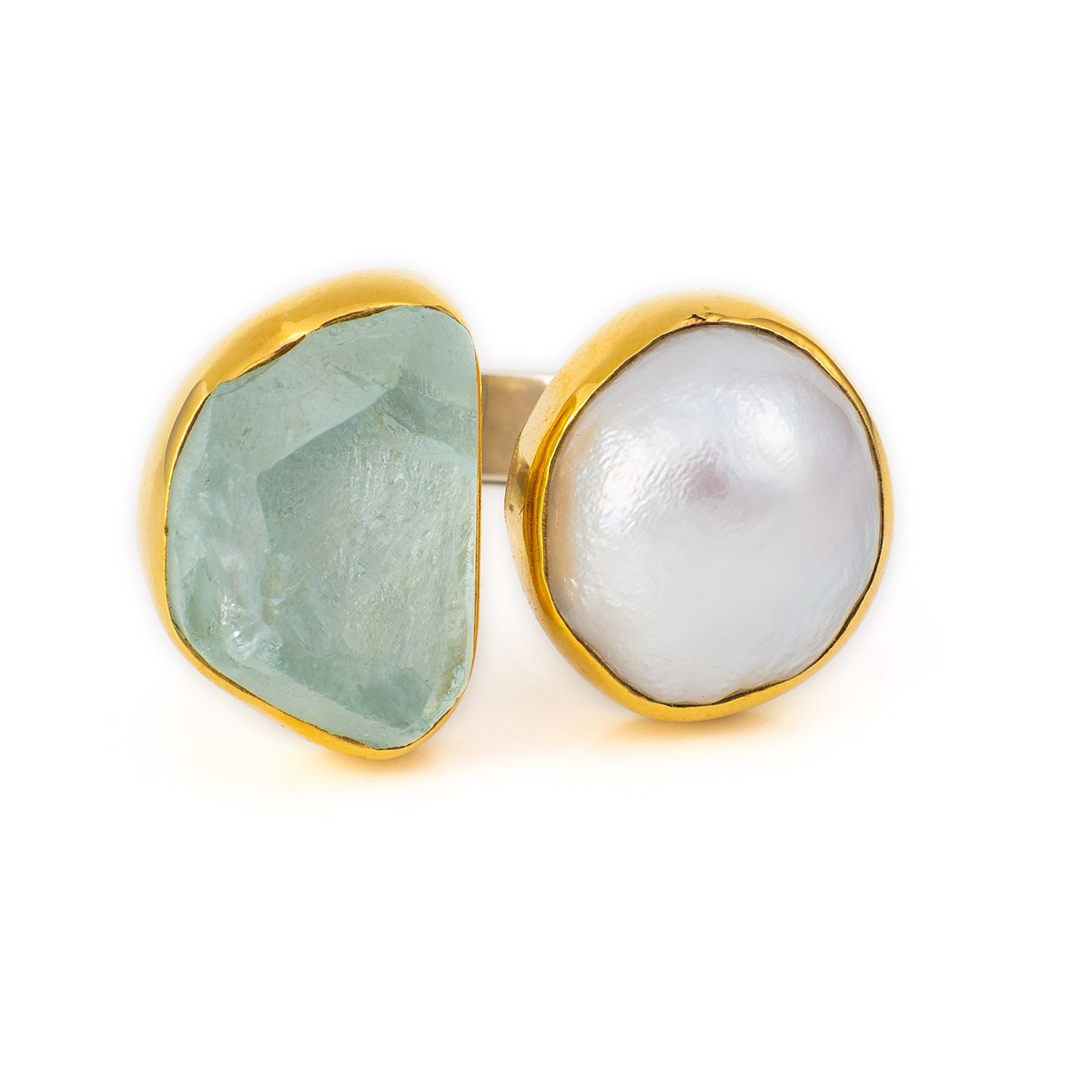 Aquamarine Ring with Pearl - 18K Gold and Sterling Silver