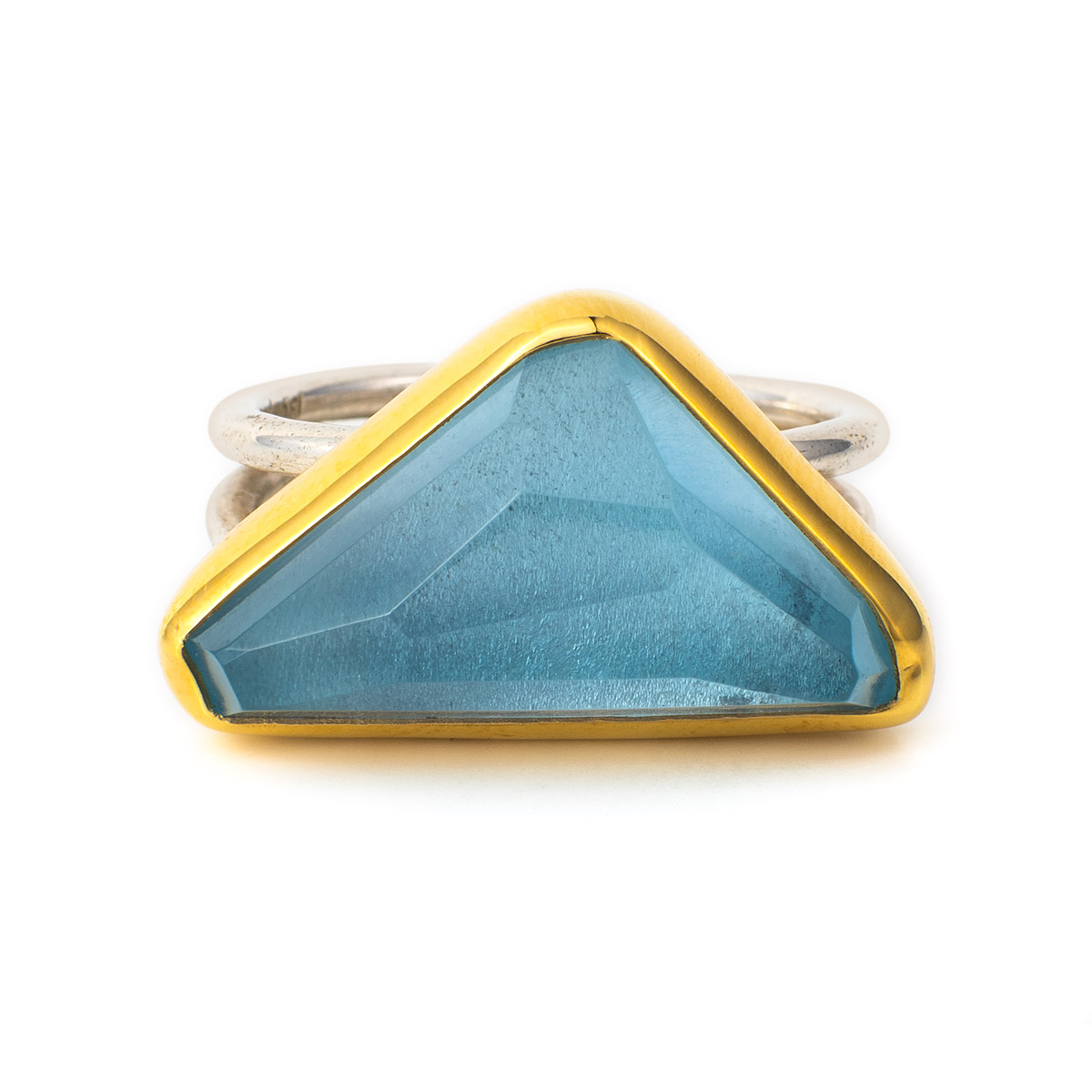 Blue Topaz Triangle Ring - 18K Gold and Sterling Silver