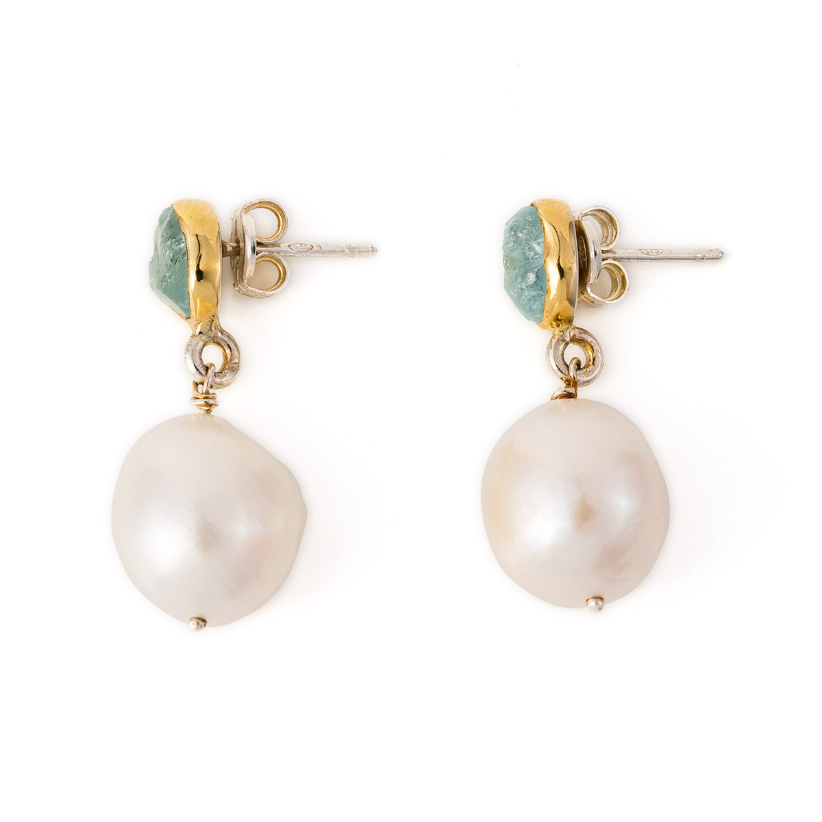 Pearl Dangle Earrings with Aqua Marine - 18K Gold and Sterling Silver
