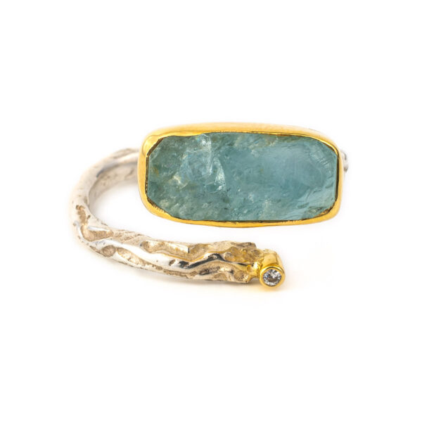 Aqua Marine Ring with Βrilliant - 18K Gold and Sterling Silver