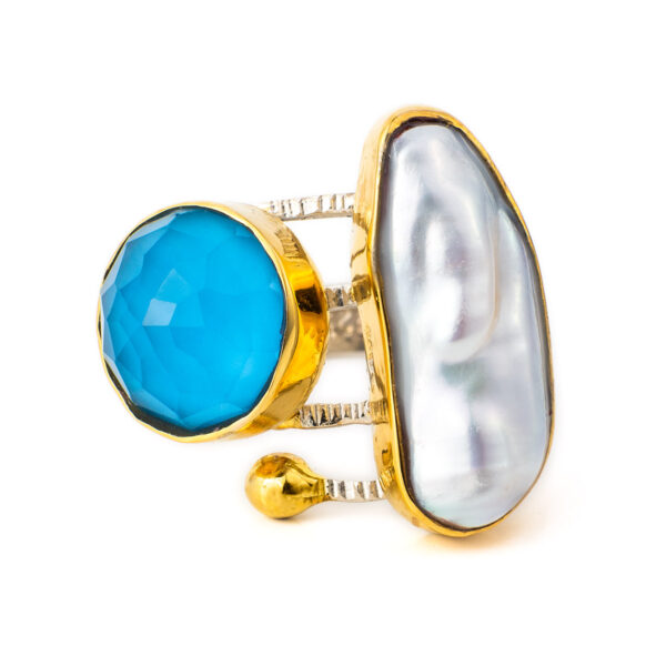 Amazonite Doublet Ring with Pearl - 18K Gold and Sterling Silver