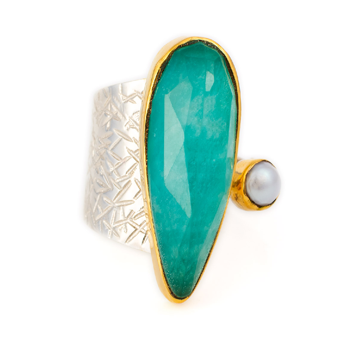 Amazonite Doublet Ring with Pearl - 18K Gold and Sterling Silver