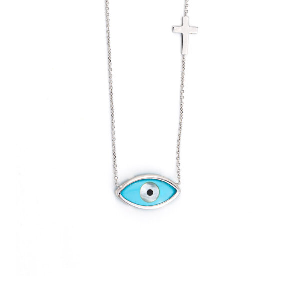 9K White Gold Necklace Evil eye with Cross