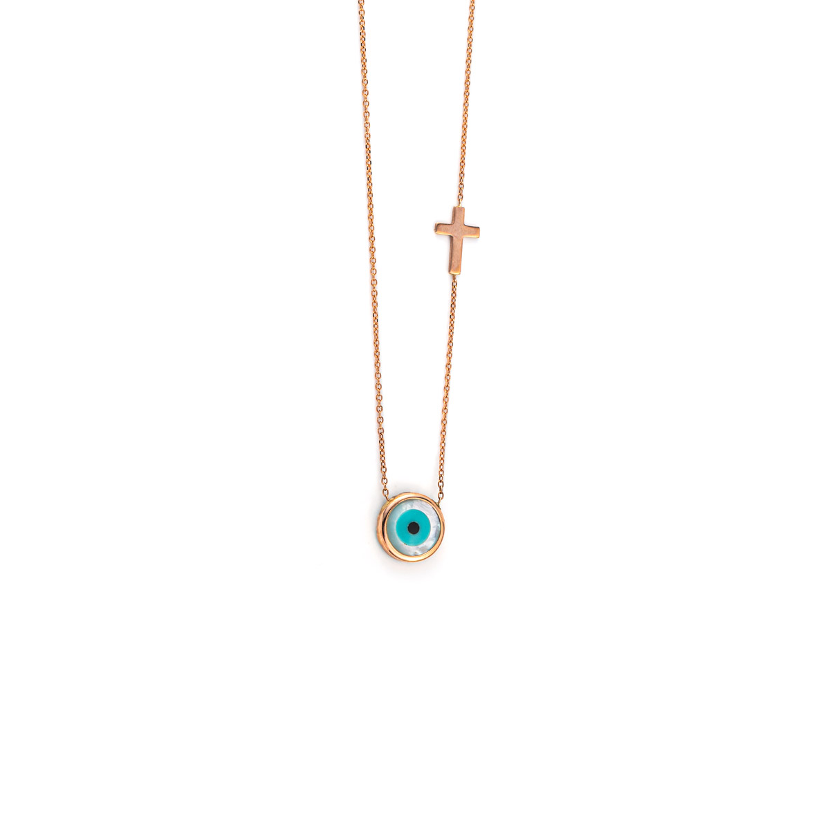 9K Rose Gold - Evil Eye Necklace with Cross