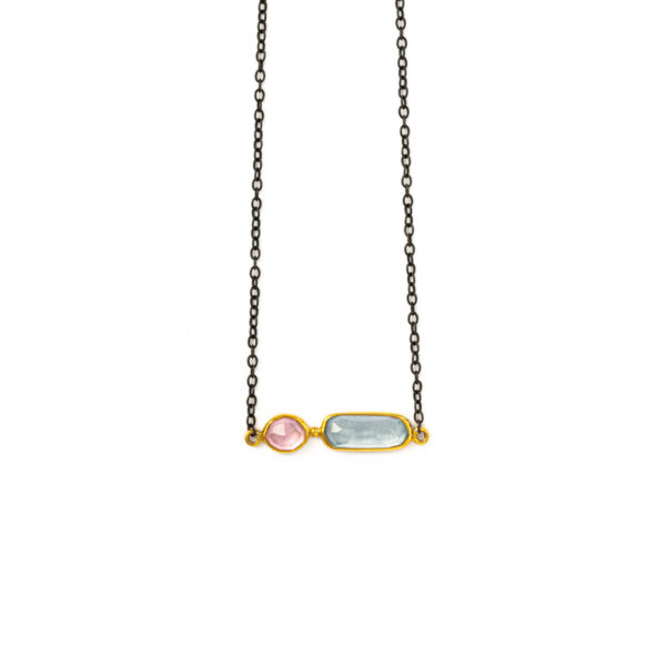 Aqua Marine Rose Quartz Necklace - 18K Gold and Sterling Silver