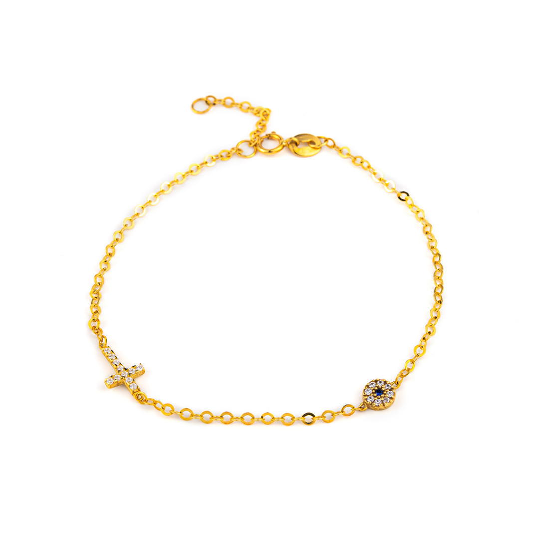 Evil Eye Chain Bracelet with Cross - 9K Gold