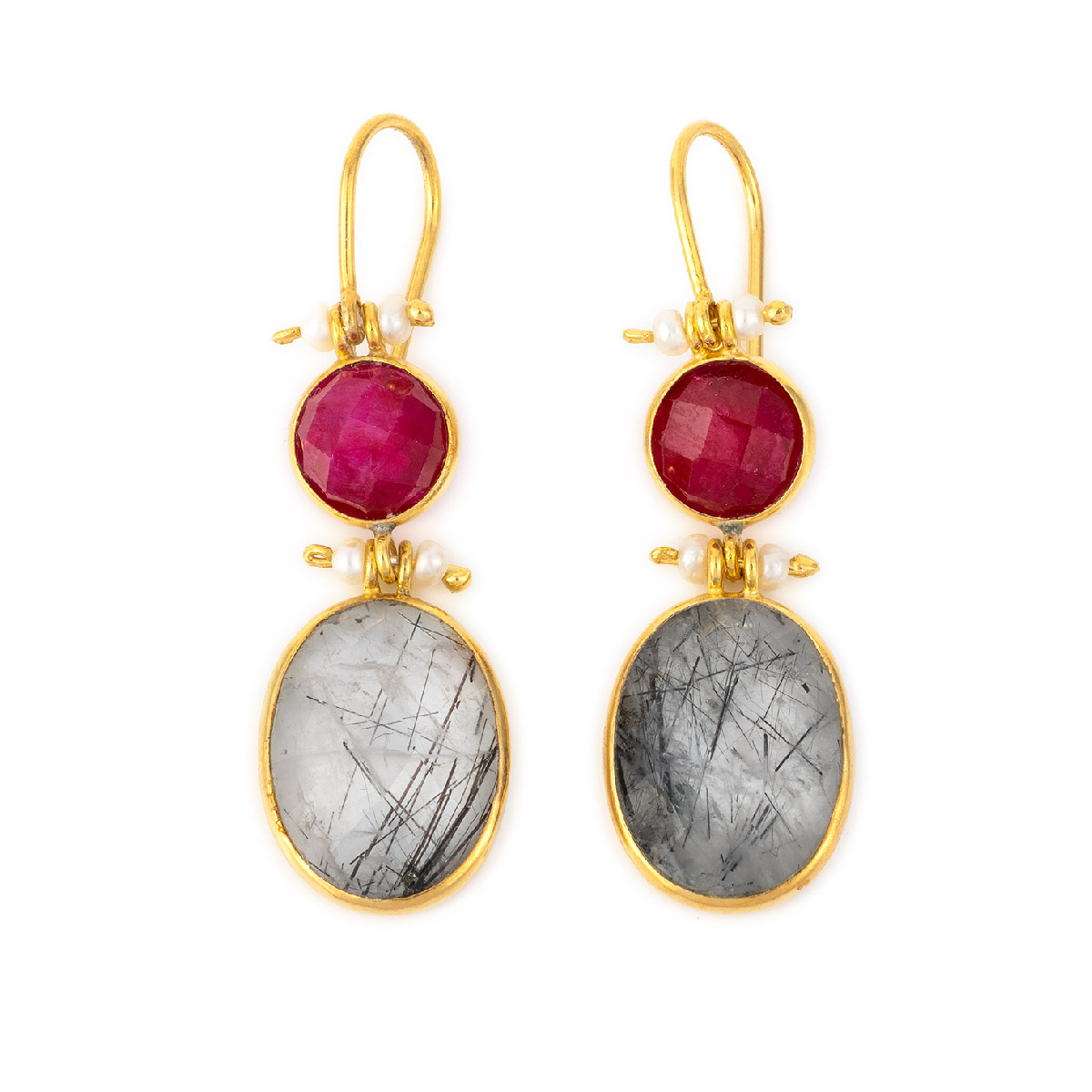 Gold Plated Ruby and Rutile Dangle Earrings