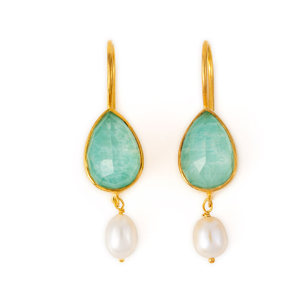 Gold Plated Amazonite Doublet Earrings with Pearl