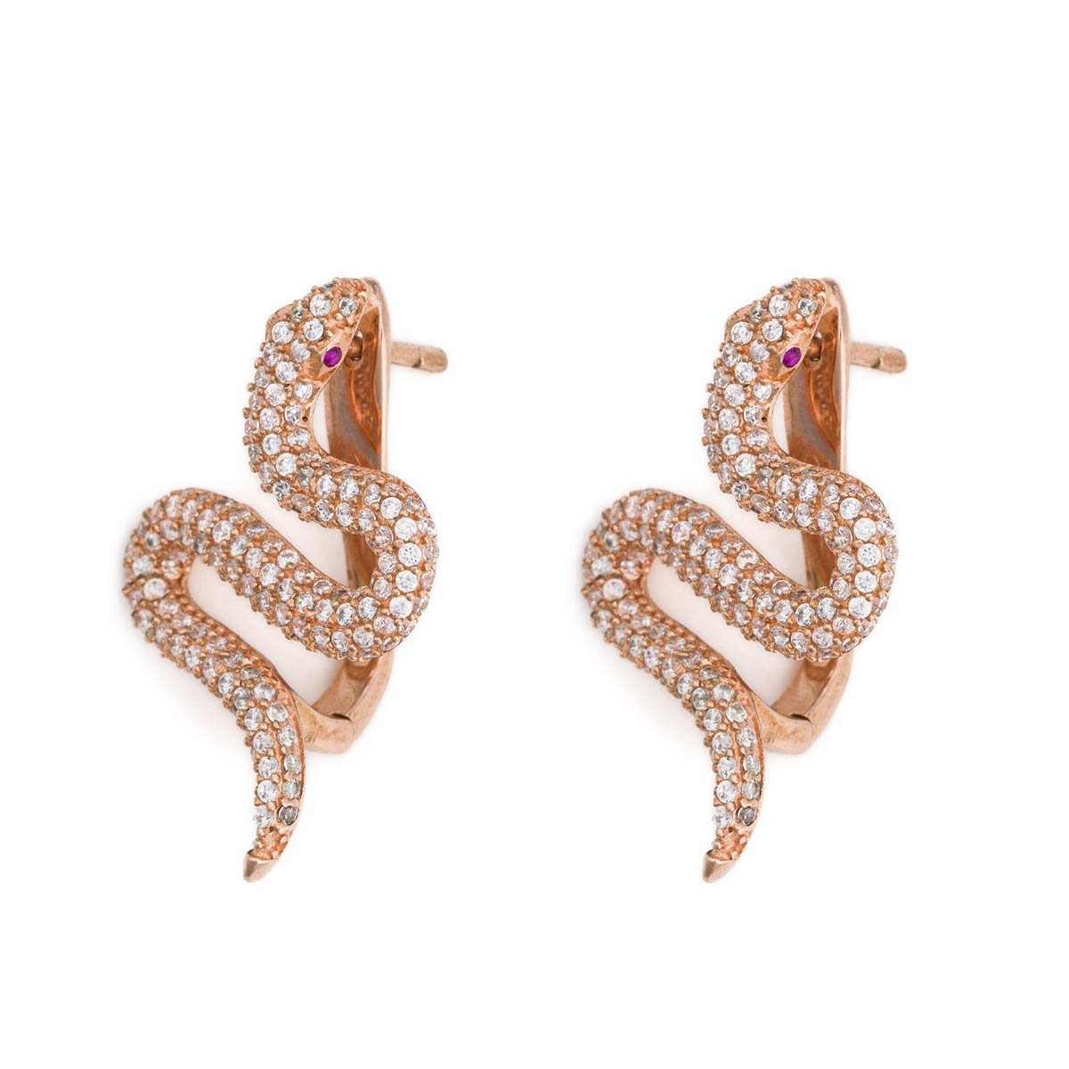 Snake Stud Earrings with zircons - Rose Gold Plated