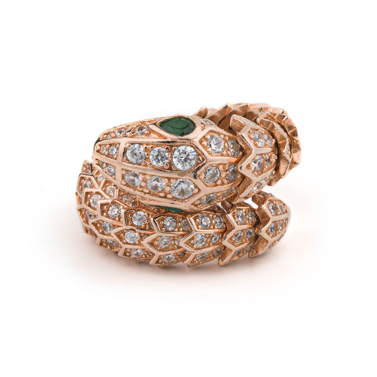 Green Eyed Rose Gold Plated Snake Ring with zircons