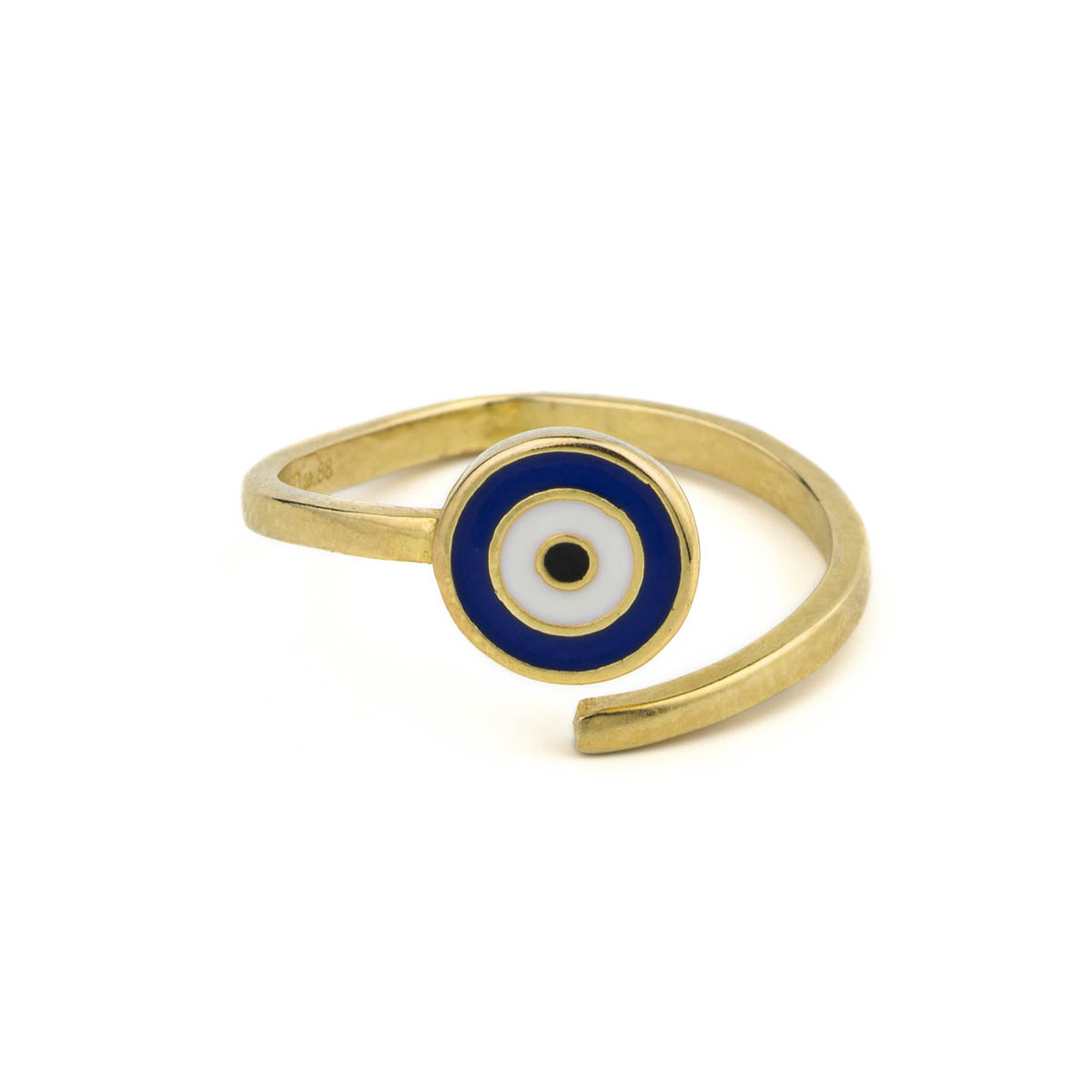 Gold Plated Adjustable Evil Eye Ring - blue white enamel