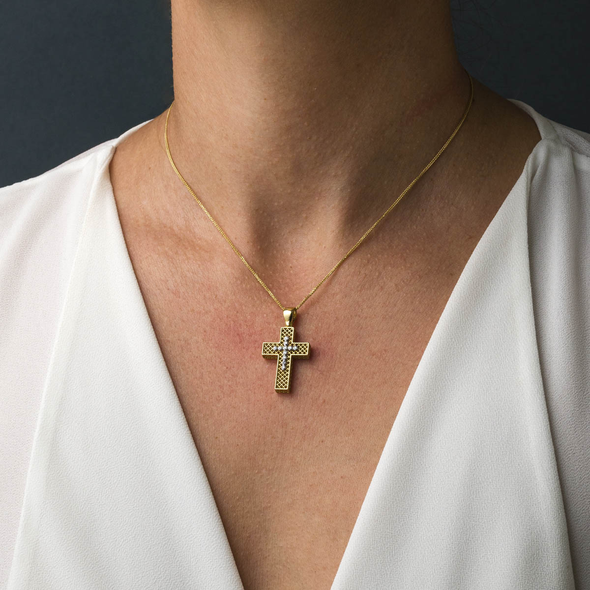 14K Solid Gold Baptism Cross with Zircons