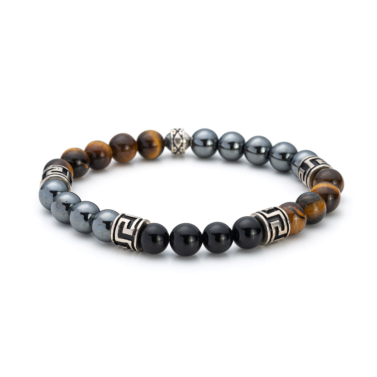 Meander Bracelet – 925 Sterling Silver and Onyx Hematite Tiger Eye Beads