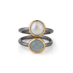 925 Sterling Silver and Gold Plated Ring with Aqua Marine and Pearl