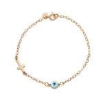 Blue White Eye Bracelet with Cross - 14k Gold