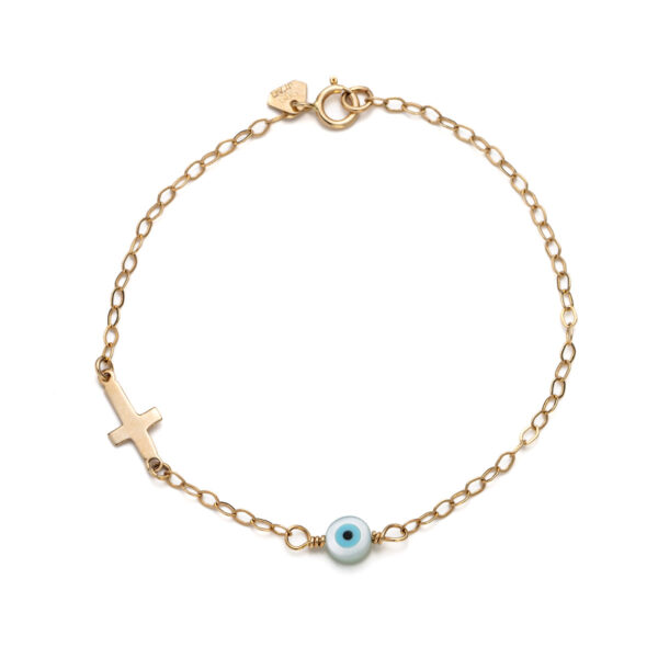 Blue White Eye Bracelet with Cross - 14k Gold