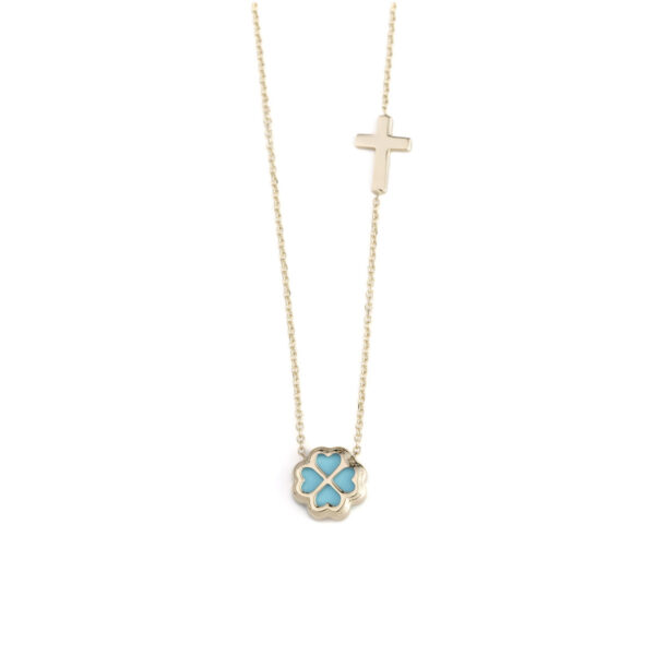 Four Leaf Necklace with Cross - 9K Gold