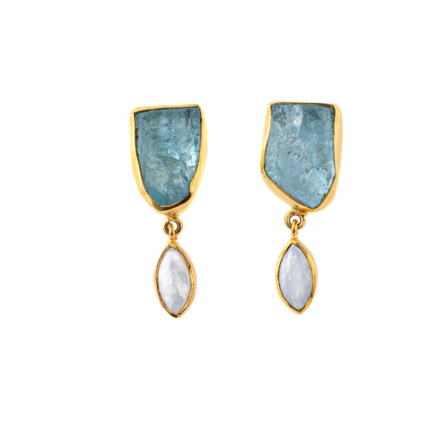 Dangle Earrings with Aquamarine and Pearl - 925 Sterling Silver and Gold Plated