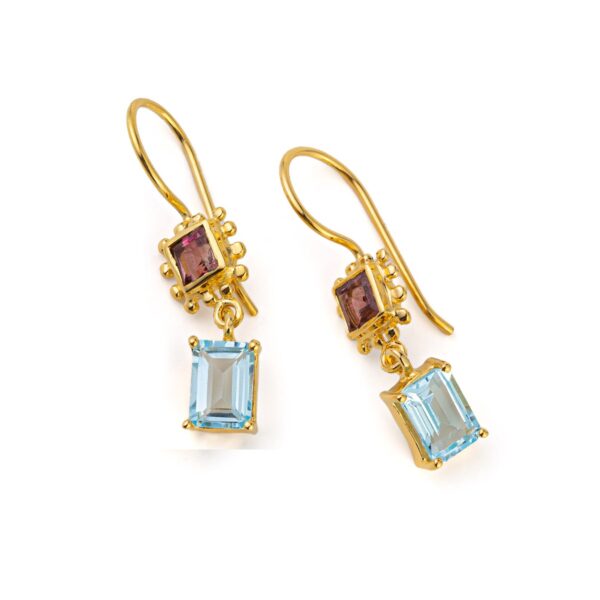 Κρεμαστά Σκουλαρίκια με Blue Topaz και Τουρμαλίνη - Επιχρυσωμένο Ασήμι 925