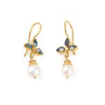 Blue Topaz n Pearl Flower Earrings - 925 Sterling Silver and Gold Plated