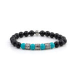 Sterling Silver Meandros Motif Bracelet with Onyx and Turquoise Beads