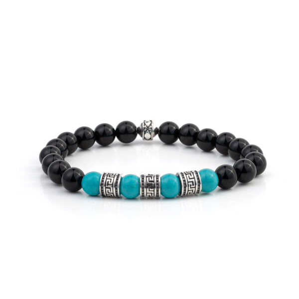 Sterling Silver Meandros Motif Bracelet with Onyx and Turquoise Beads