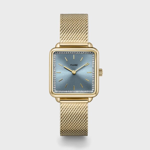 Cluse La Tétragone Watch Mesh stones Light Blue Gold Colour